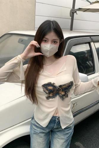 Real shot price French butterfly hottie slit sunscreen long-sleeved T-shirt waist slimming blouse top