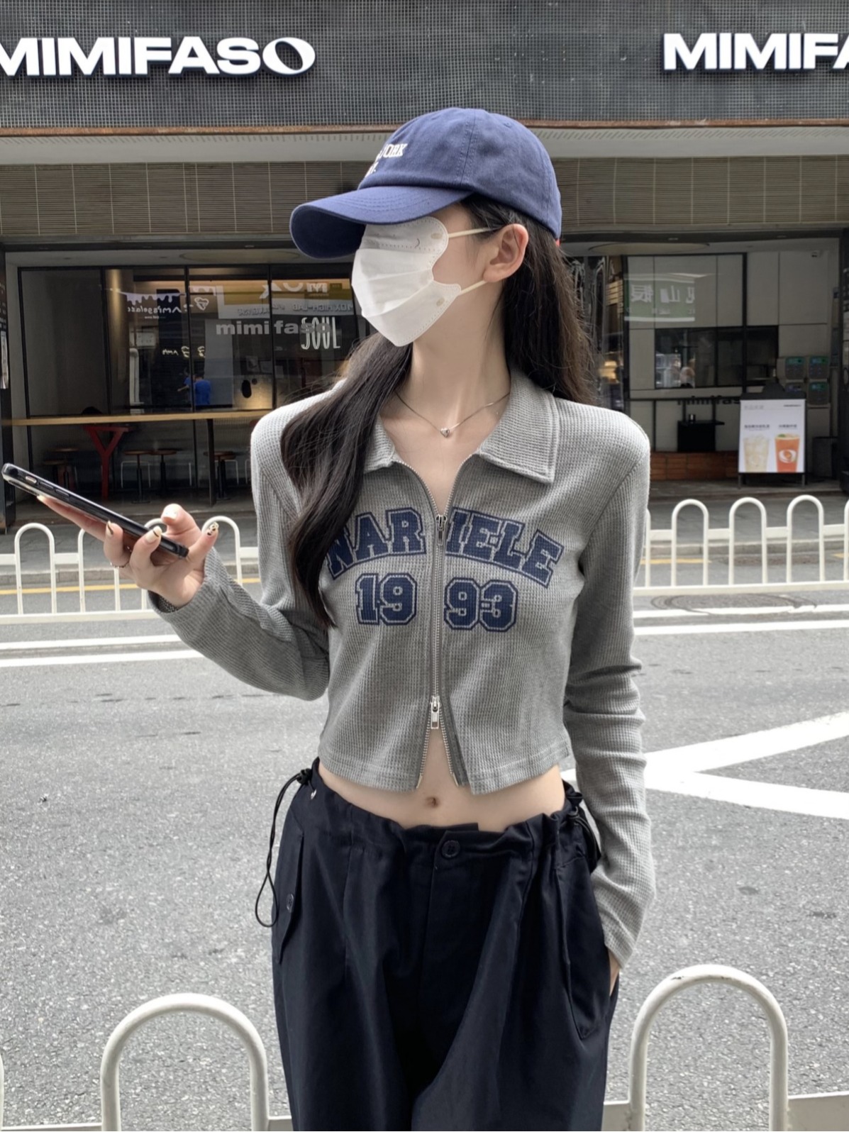 Photo shoot Autumn/Winter Korean style waffle polo collar letter print zipper open jacket long sleeve T-shirt women's top