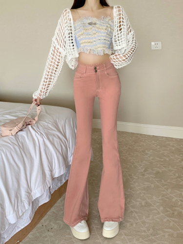 Light-colored jeans for women in autumn, raw edges, floor-length, slightly flared trousers, high-waisted, slim-fitting, wide-leg pants