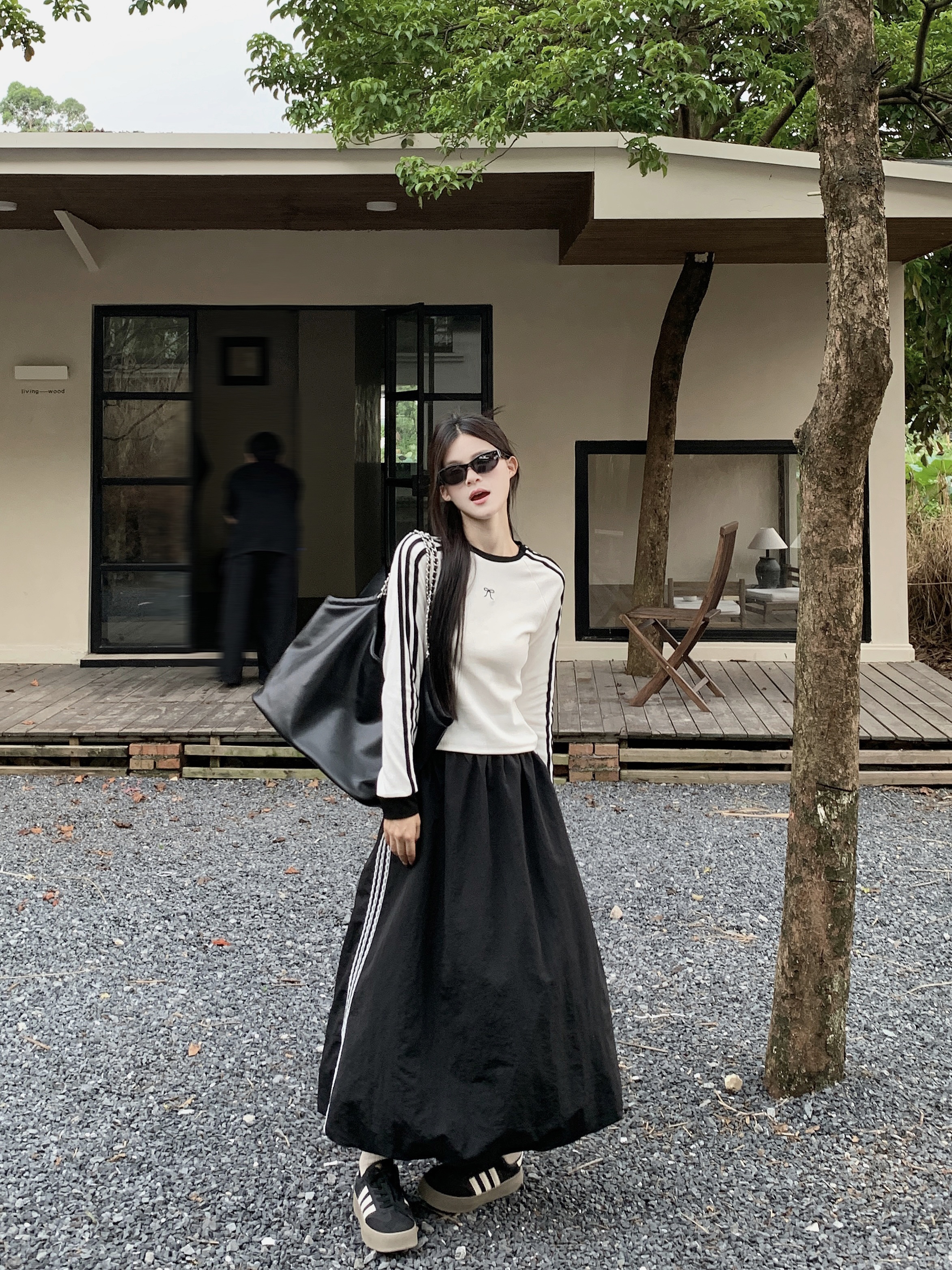 Photographed ~ Early Autumn White Long-Sleeve T-Shirt for Women with Bow Detail, Fitted Slimming Short-Sleeve Top + Skirt Set