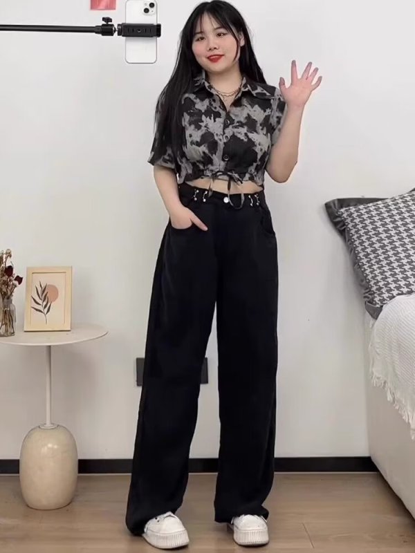 Women's plus size jeans straight leg loose spring autumn winter new style high waist slim small wide leg mopping
