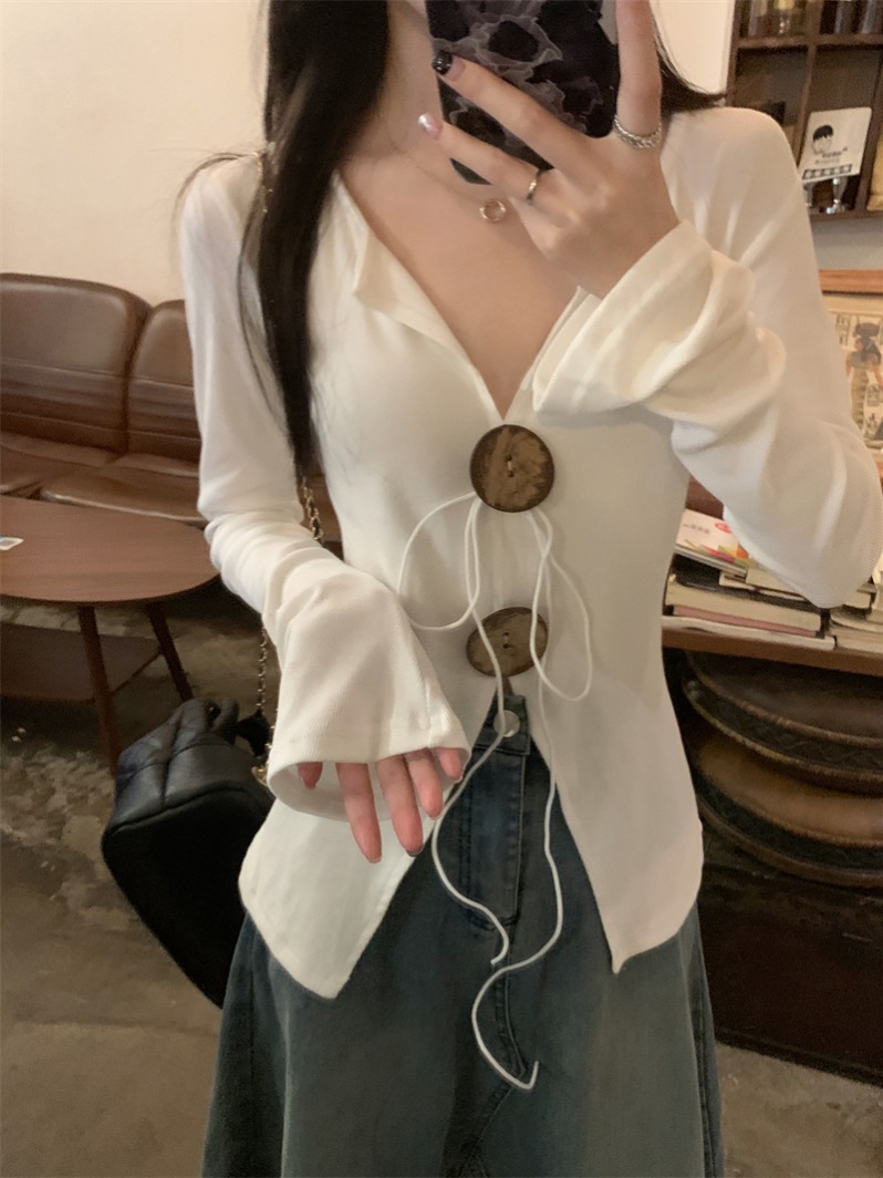 實拍  真 秋季新款v領開叉修身女設計感長袖t恤上衣