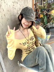 Actual shot of Desire Trap Pure Desire Big Neck Slim Long Sleeve T-Shirt Women's Backless Letter Printed Top