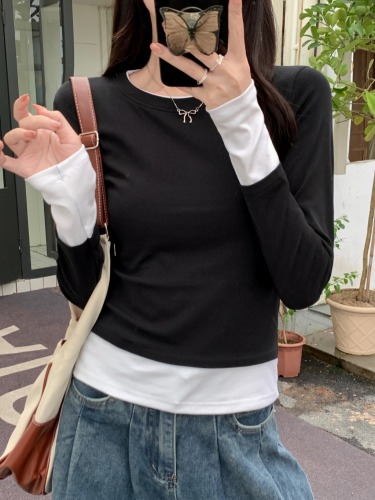 Actual shot of 2024 autumn new contrasting color splicing fake two-piece straight slim round neck casual long-sleeved T-shirt