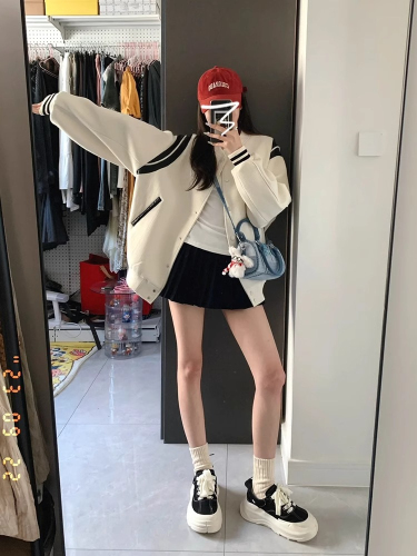 American retro white baseball uniform jacket for women spring and autumn 2024 new high-end loose jacket top