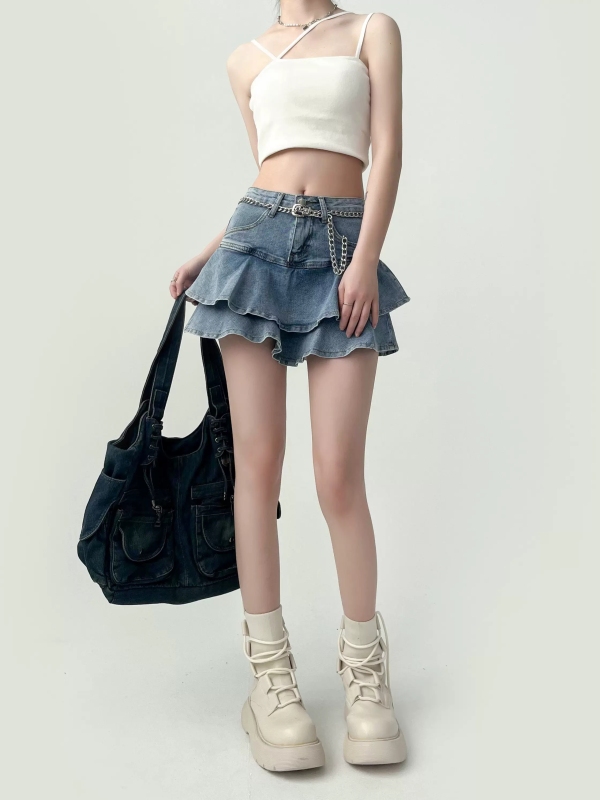 Denim skirt, women's cake skirt, A-line mini skirt, high-waisted design, niche butt-hugging hot girl short skirt