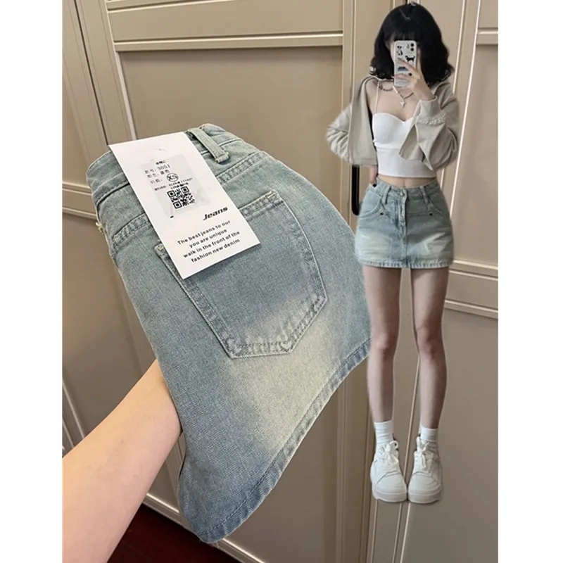 American retro washed distressed denim skirt for women summer high-waist slim hot girl petite A-line short skirt