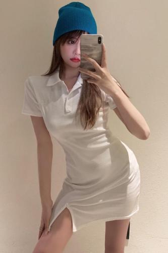 Hong Kong Style Vitality Beauty Pure Desire Skirt Female Summer Polo Collar Hip Cover Slim Slim Short Dress