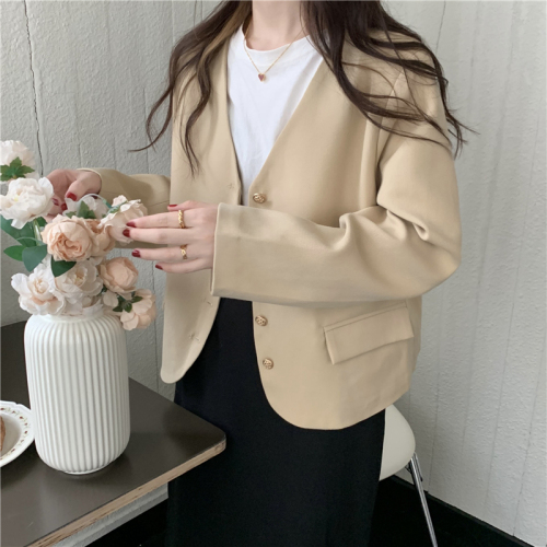 Actual shot of the new French retro style gentle gold buckle embellished solid color V-neck loose suit jacket