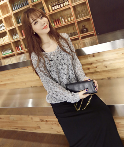 Plus size women's long sleeve knitted suit skirt Korean style slim two piece dress long skirt