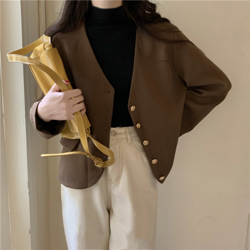 Actual shot of the new French retro style gentle gold buckle embellished solid color V-neck loose suit jacket