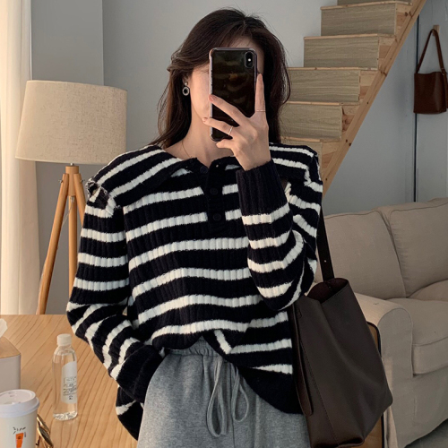 Korean autumn and winter striped loose and versatile navy style baby collar age-reducing large lapel wool sweater sweater