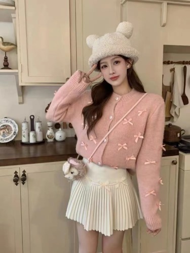 2024 autumn and winter new style lazy retro style heavy bow knitted top versatile loose sweater for women