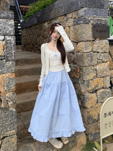 Spring and Autumn New Sweet Breast Style Dressing Suspender Cardigan Pure Desire Hot Girl Floral Puffy Skirt Three-piece Suit