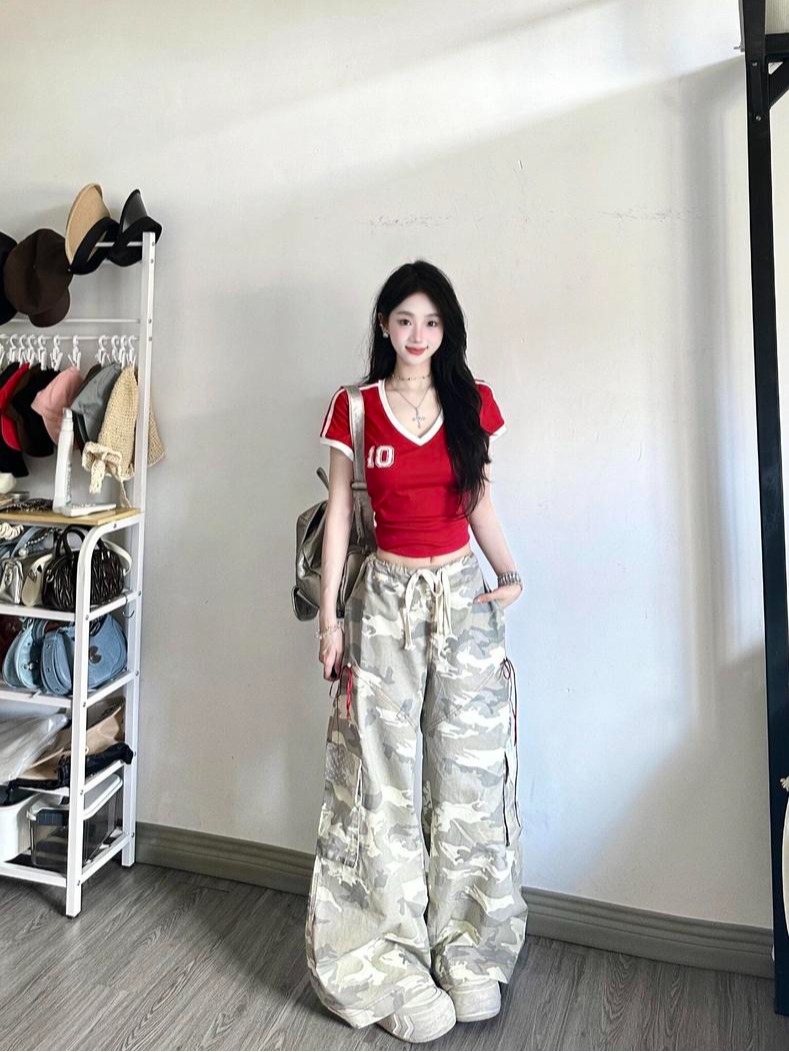美式復古迷彩多口袋工裝褲女秋季2024新款設計感寬鬆直筒闊腿褲子