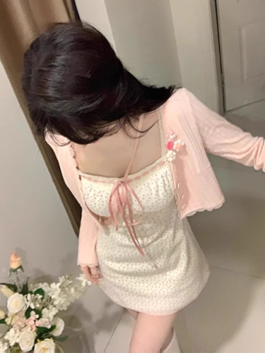 Sweet and Spicy Style Suit for Women Autumn Pure Desire Lace Floral Suspender Dress Temperament Short Knitted Cardigan Two Pieces