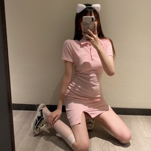 Hong Kong Style Vitality Beauty Pure Desire Skirt Female Summer Polo Collar Hip Cover Slim Slim Short Dress