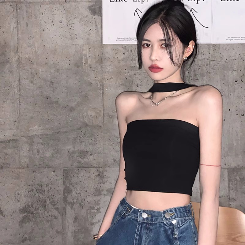 Green Hot Girl Pure Desire Sexy Short Halter Camisole Tube Top One Shoulder Knitted Top Women Summer Black