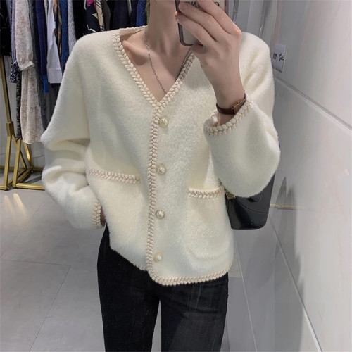 Korea Dongdaemun chic cardigan imitation mink V-neck cardigan loose lazy style jacket women's top