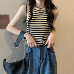 Summer new fashion versatile striped knitted vest for fat mm women large size pullover thin top