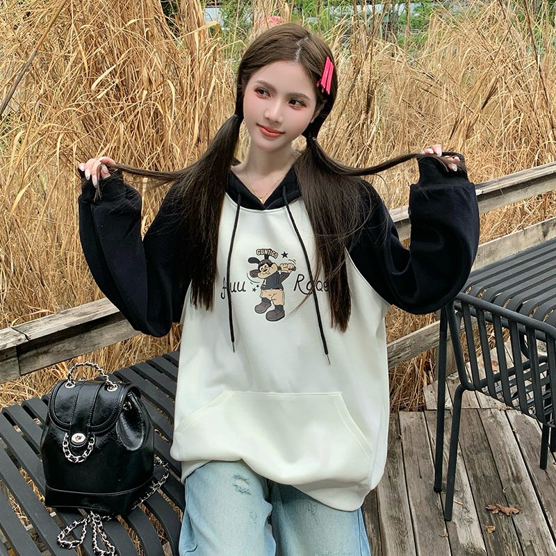 2024 plus size women's sweatshirt autumn and winter raglan sleeves loose hooded sweatshirt plus velvet and thickening
