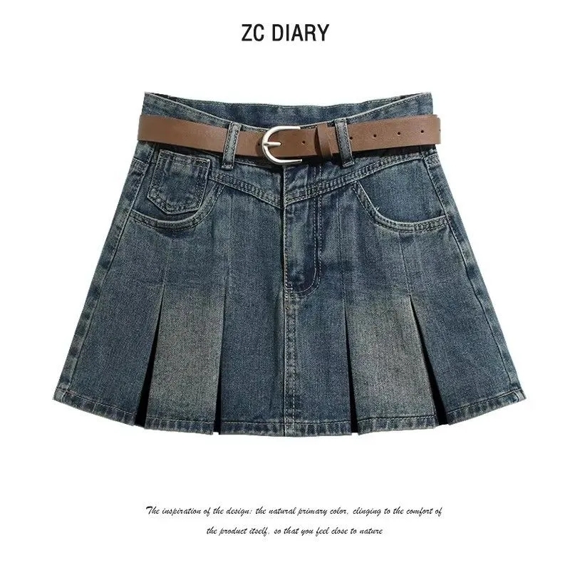 American Retro Denim Skirt Women's New Summer High Waist Pure Desire Hot Girl A-Line Pleated Skirt Short Skirt