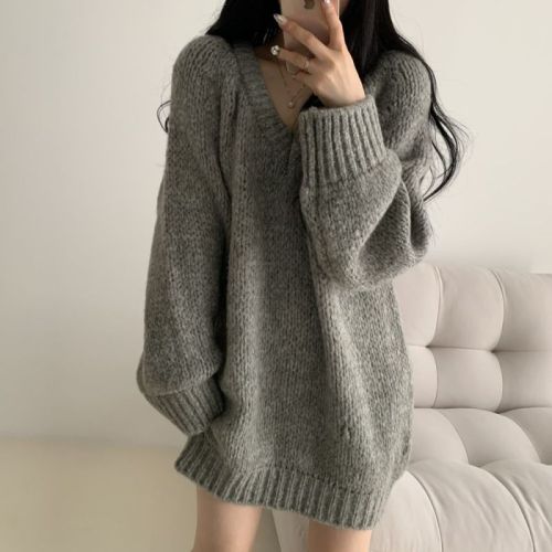 Autumn and winter loose outer wear pullover lazy style soft waxy gray sweater sweater top