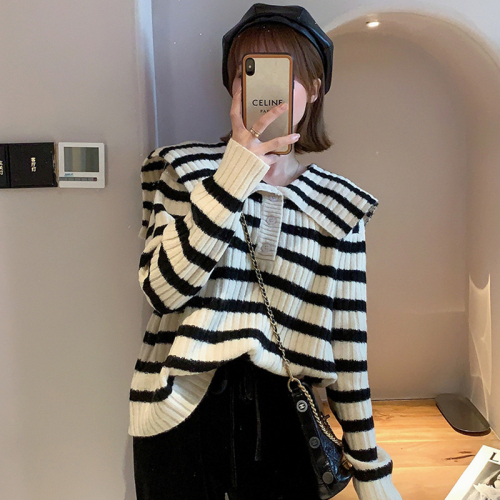 Korean autumn and winter striped loose and versatile navy style baby collar age-reducing large lapel wool sweater sweater