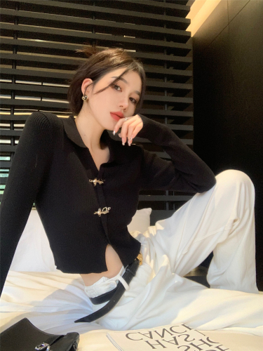 Actual shot ~ 2024 new knitted sweater for women, black autumn and winter short chic design top