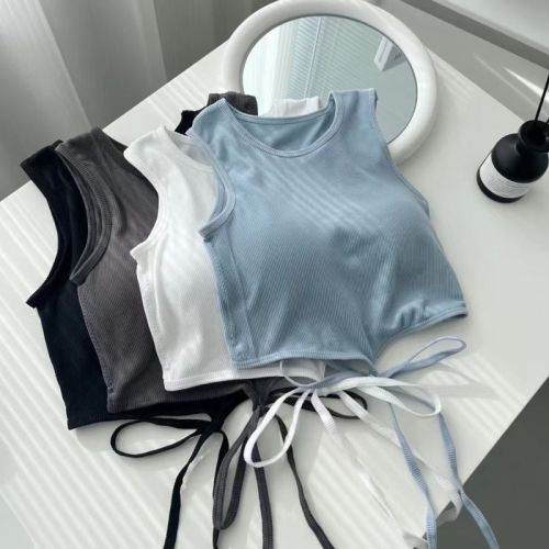 Sweet and spicy cross-strap sleeveless vest with breast pads for outer wear sexy navel-baring top hot girl short top ins