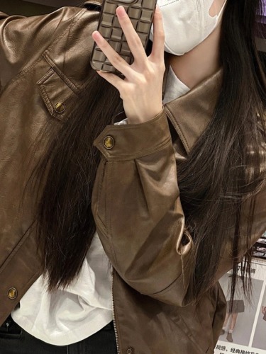 Real shot of imitation sheepskin retro brown PU leather jacket women's leather jacket jacket cool GIRL jacket