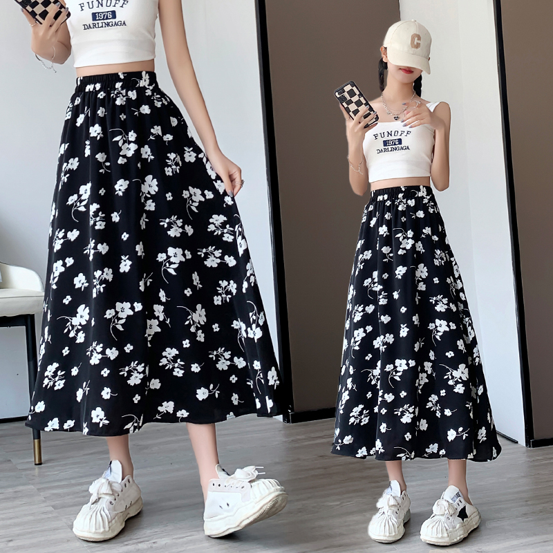 Chiffon Floral Skirt Women's Swing Long Skirt Versatile Cover-up High Waist A-Line Skirt Plus Size Women's