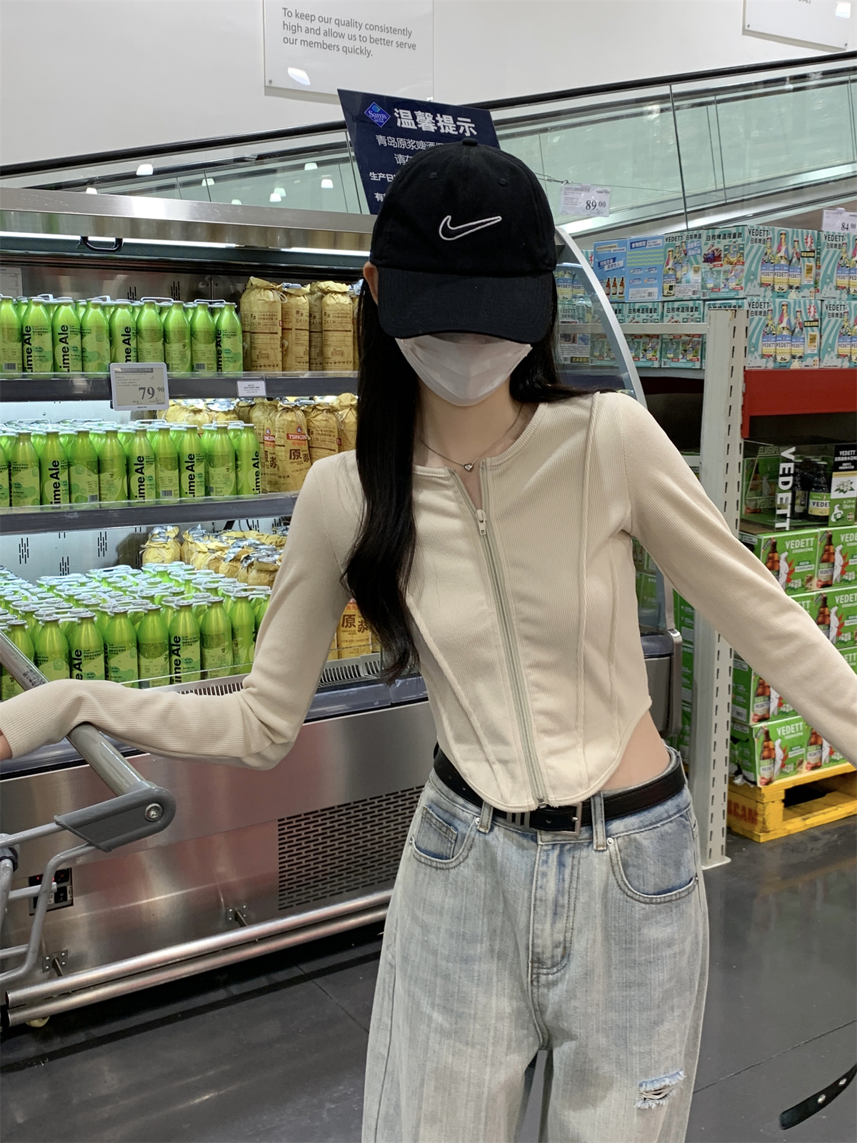 Actual shot of early autumn Korean style slimming fishbone zipper cardigan slim design pure cotton long-sleeved T-shirt women's top
