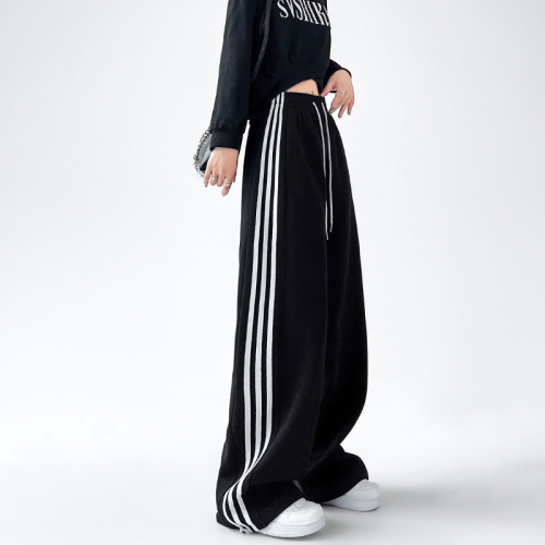 Korean Chic Black Striped Athletic Pants for Women Spring Autumn High-Waisted Loose Casual Straight Leg Wide Leg Shorts Slimmer Briefs