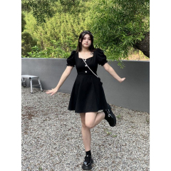 Plus size Anne is not popular and slightly fat mm square neck dress women's new summer new waist slimming puff sleeve little black dress