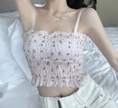 Korean style fungus-edged floral short sling summer girl slimming and beautiful back top for women