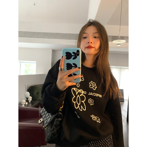 Real shot pure cotton Chinese cotton autumn and winter Korean style velvet pullover sweatshirt for women cartoon printed casual loose large size top