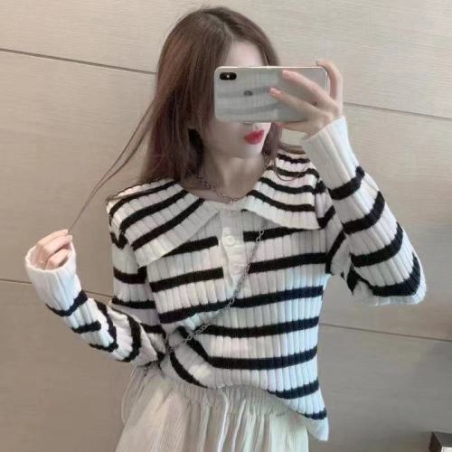 Korean autumn and winter striped loose and versatile navy style baby collar age-reducing large lapel wool sweater sweater