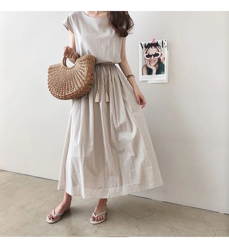 Literary swing skirt spring and summer new style waist-cinching loose large size cotton and linen dress