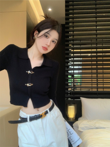 Actual shot ~ 2024 new knitted sweater for women, black autumn and winter short chic design top