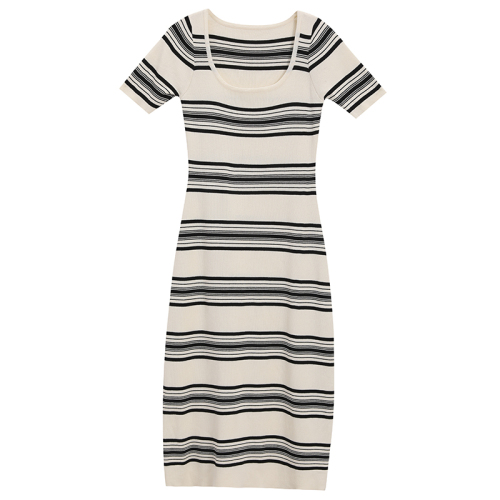 Hong Kong Style Square Neck Dress Women's Summer Casual Seaside Vacation Striped Long Skirt French Waist Retro Temperament Skirt