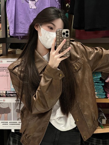 Real shot of imitation sheepskin retro brown PU leather jacket women's leather jacket jacket cool GIRL jacket