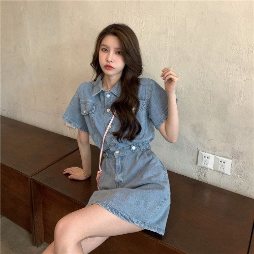 Summer new Hong Kong style Korean style fashionable waist slimming short-sleeved denim dress for women