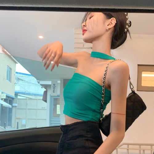 Green Hot Girl Pure Desire Sexy Short Halter Camisole Tube Top One Shoulder Knitted Top Women Summer Black