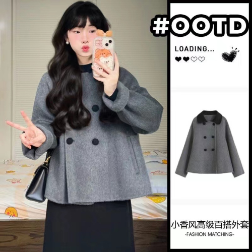 Gray short woolen coat for women autumn and winter doll collar retro thickened small Korean style Hepburn style woolen coat