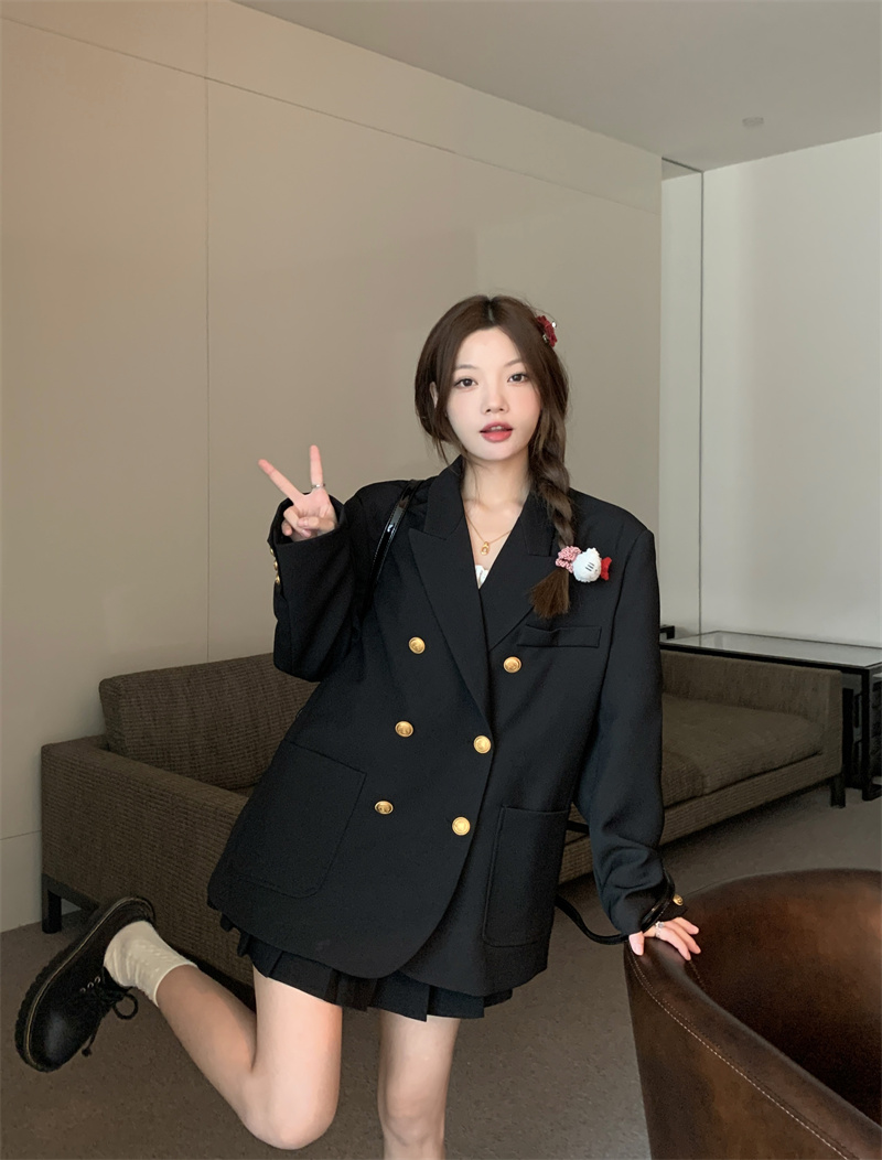Real shot ~ Designed gold button suit jacket for women early autumn new loose silhouette gun lapel top