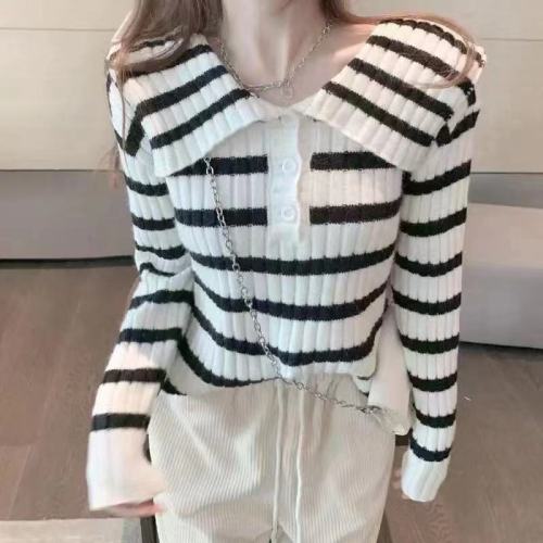 Korean autumn and winter striped loose and versatile navy style baby collar age-reducing large lapel wool sweater sweater