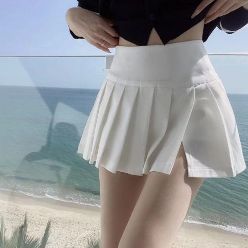 Pure lust style slit pleated skirt to prevent exposure sexy hot girl high waist slim A-line mini skirt women's versatile skirt