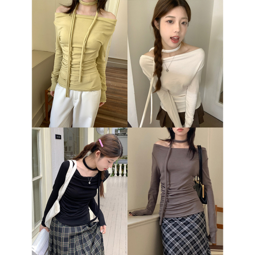 Real shot of sweet and cool girl one-shoulder long-sleeved T-shirt for women in early autumn slim-fitting bottoming shirt niche halter neck top