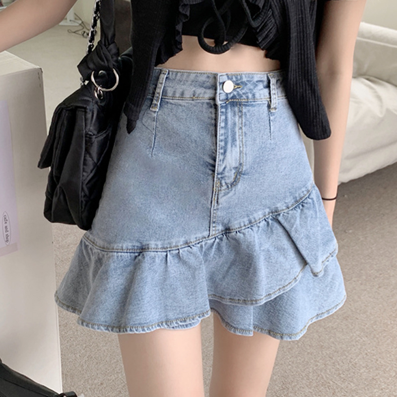 Spring and summer denim skirt for women, ruffled fishtail skirt, high waisted A-line skirt for petites
